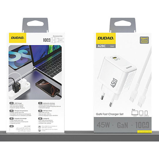 Dudao Charger GaN with USB-C Port and Cable USB-C - USB-C 45W Power Delivery Whites (A28C)