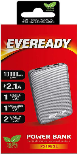 Energizer Eveready Mini Power Bank 10000mAh με 2 Θύρες USB-A και Θύρα USB-C Ασημί