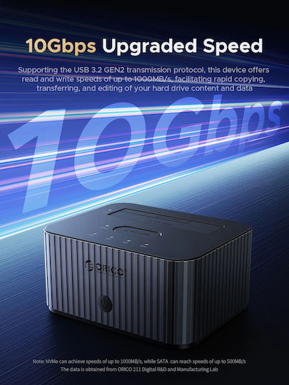 Orico Сторидж HDD/M.2 Док 2 Гнезда Офлайн Клониране 2.5 3.5 M.2 NVMe USB-C/USB-A IT28E-C-EU-GY
