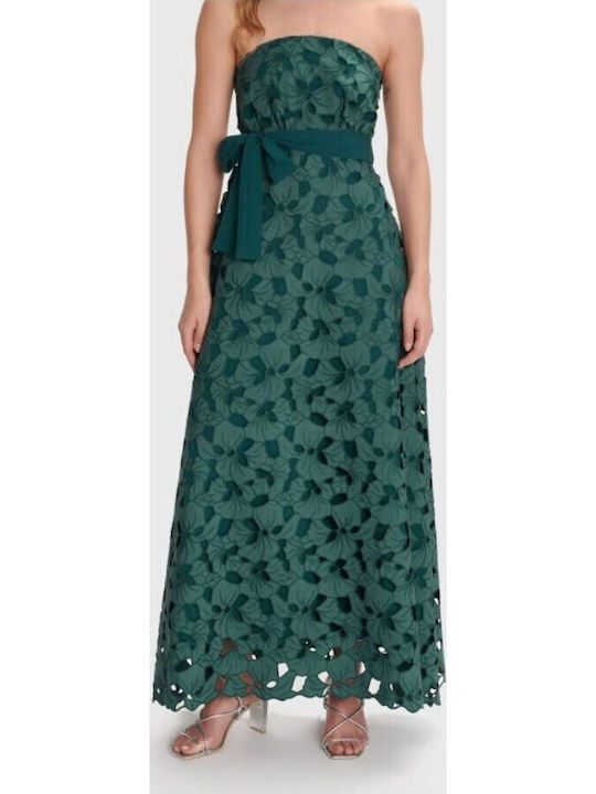 Summer Maxi Dress for Wedding Christening Strapless with Lace Green