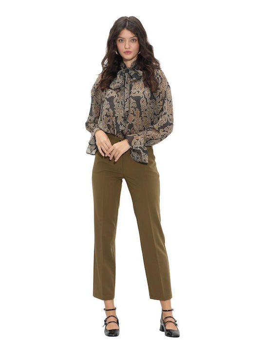 Damen Hoch tailliert Stoff Hose in Geradem Schnitt Olive