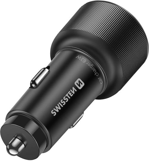 Swissten Car Charger Fast Charging 63W USB-C Power Delivery 45W USB 3.0 18W Black