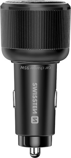Swissten 2x USB-C Power Delivery 95W USB 3.0 30W Fast Charging Cell Phone Car Charger Black