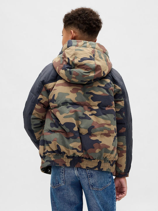 Waterproof Kids Quilted Long Coat with Hood Woodland Camo