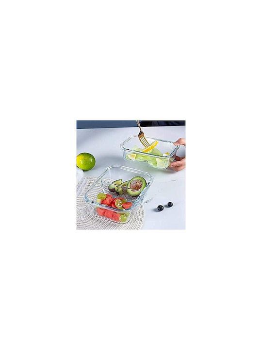 Aj Glass Lunch Box 2 Compartments Transparent Blue Lid & Airtight Closure 1000ml