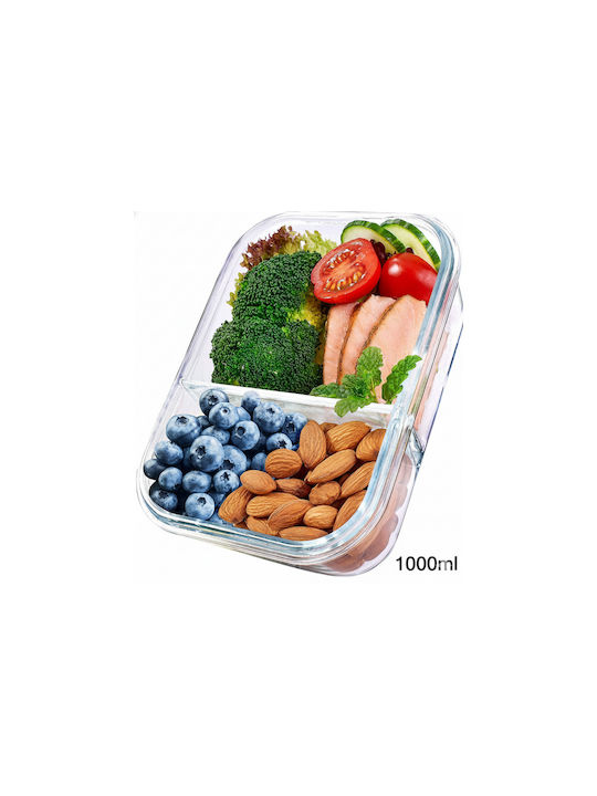 Aj Glass Lunch Box 2 Compartments Transparent Blue Lid & Airtight Closure 1000ml