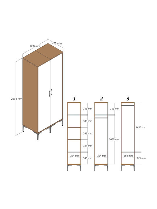 Ντουλάπα Δύο Πόρτες Ps Καρύδι Ανθρακί 80x47x201cm