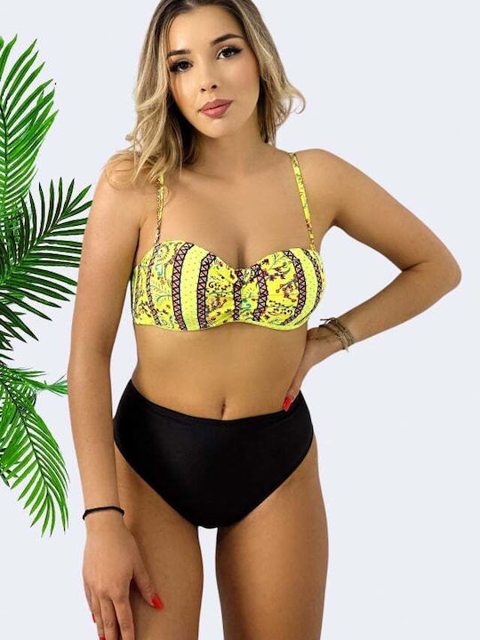 Set Bikini Push Up Talie Înaltă Floral Galben