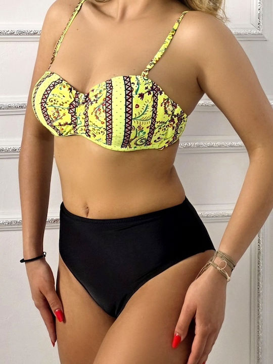 Set Bikini Push Up Talie Înaltă Floral Galben