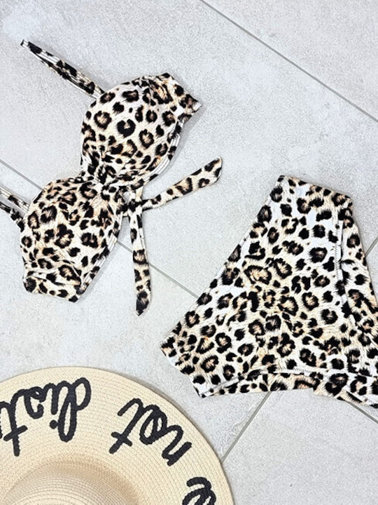 Set Bikini 3 Τεμαχίων Push Up String Ψηλόμεσο Animal Print Καφέ