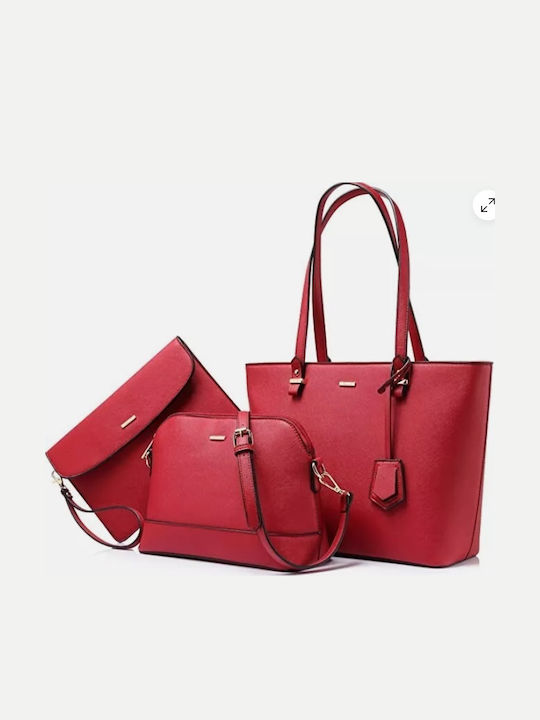 Σετ Δερμάτινη Γυναικεία Τσάντα Shopper Ώμου Κόκκινη