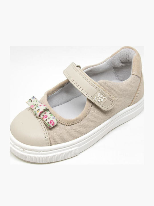Kids Leather Ballerinas with Hoop & Loop Closure Beige