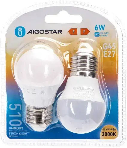 Aigostar LED Bulbs 6W for Socket E27 and Shape G45 Warm White 510lm Dimmable 2pcs