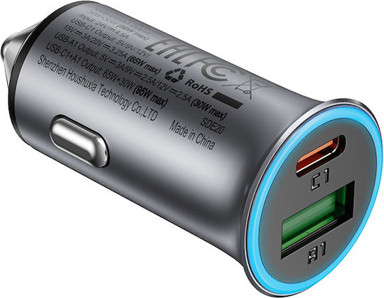 Acefast Auto-Ladegerät 95W Schnellladung mit Anschlüssen: 1xUSB 1xType-C mit Kabel Typ-C,TC-TC Blau Farbe