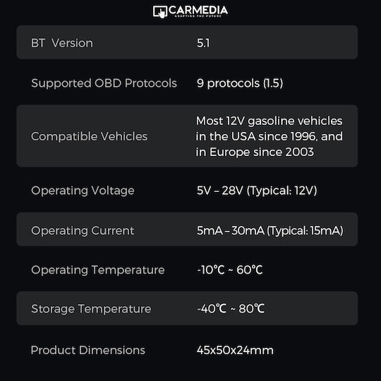 Carmedia Διαγνωστικό Αυτοκινήτου OBD 2 με Bluetooth