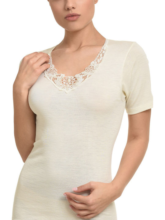 Women's Short Sleeve Woolen T-Shirt Ecru