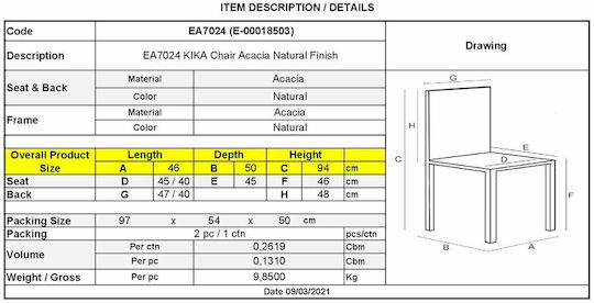 Kika Kitchen Wooden Chair Natural 46x50x94cm
