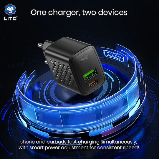 Lito Charger GaN with USB-A Port and USB-C Port and Cable USB-C - USB-C 65W Power Delivery Blacks (LC24T)