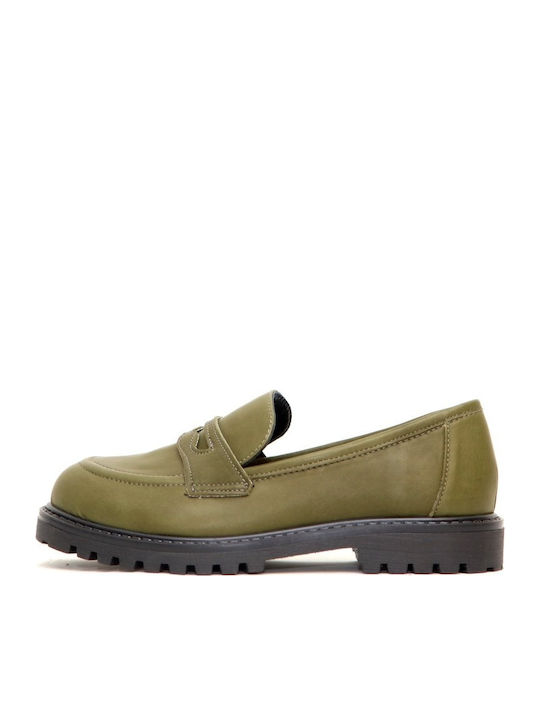 Leather Women's Loafers in Khaki Color