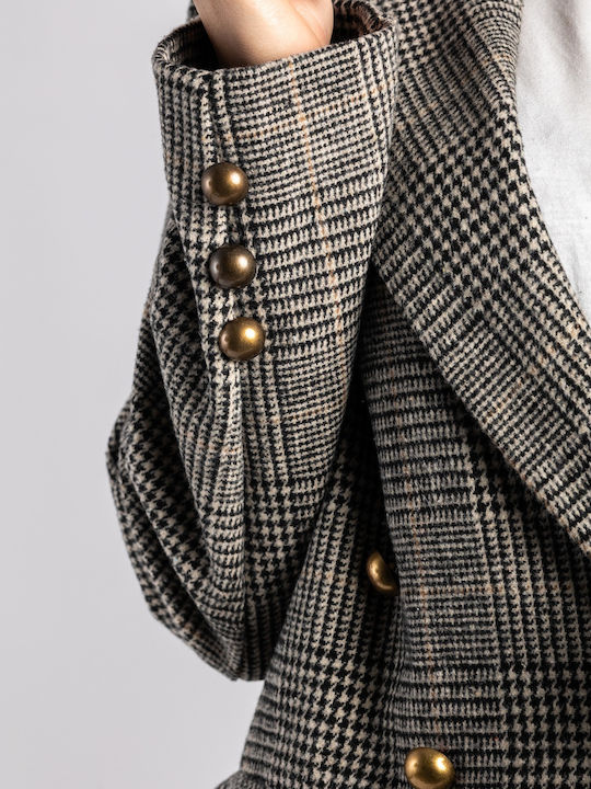 Damen Geprüft Gray Mantel mit Knöpfen