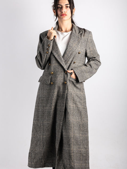 Damen Geprüft Gray Mantel mit Knöpfen