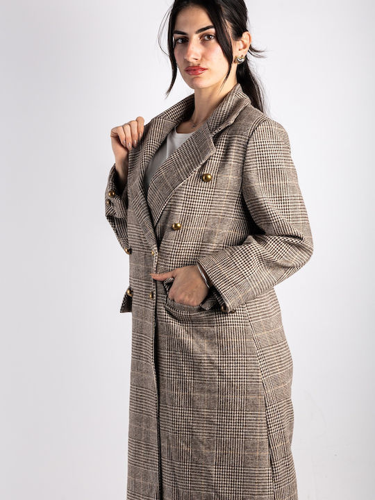 Damen Geprüft Brown Mantel mit Knöpfen