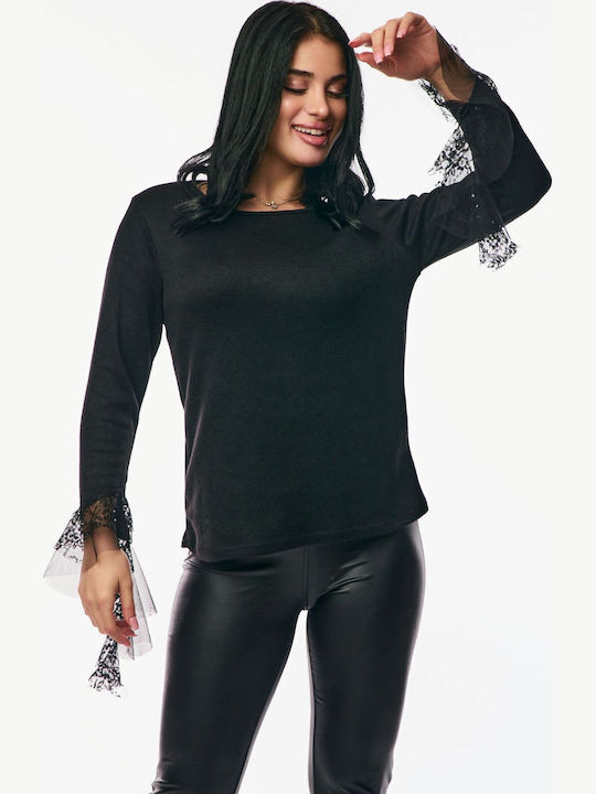 Damen Bluse mit Spitze & Transparenz Black