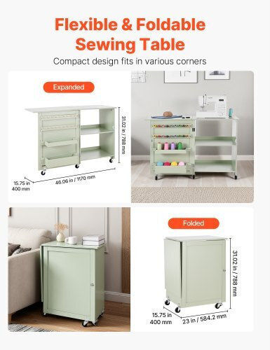 Vevor Folding Sewing Table Multifunctional Sewing Machine Wheels Wooden Pegs Storage Discs Shelf Magnetic Lock Side Surface Constructions Light Green Frzjyxxkzdbhmmz91001v0