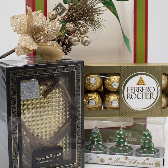 Pachet Cadou De Crăciun Merry Christmas Ard Al Zaafaran Fakhar Al Oud Parfum Arabic 100 Ml 100g Set Praline Ferrero Rocher Trei Lumânări Decorațiune Ramură De Pin