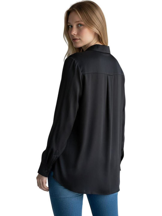Women's Satin Long Sleeve Shirt Black
