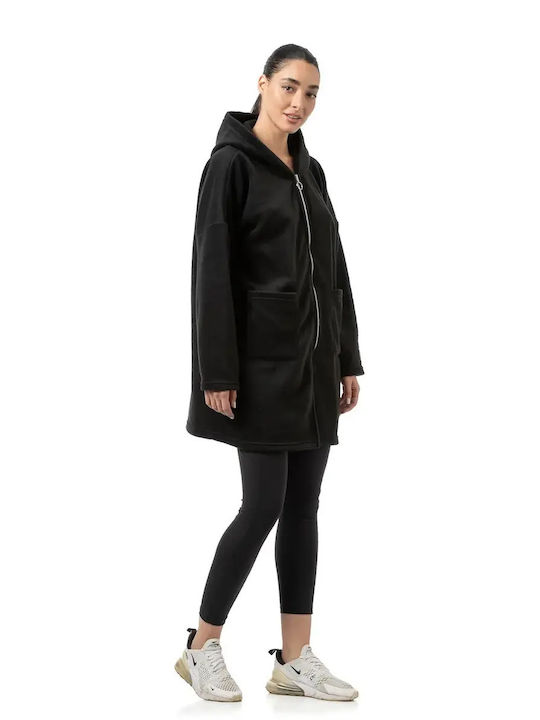Long Women's Sweatshirt Jacket Hooded Black