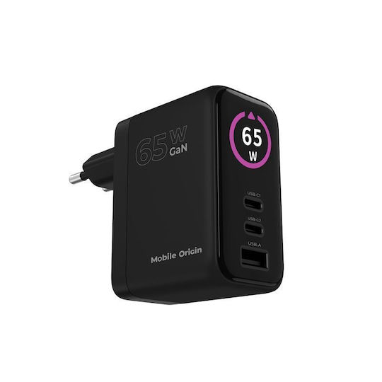 Mobile Origin Φορτιστής Χωρίς Καλώδιο GaN με Θύρα USB-A και 2 Θύρες USB-C 65W Power Delivery Μαύρος