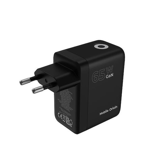 Mobile Origin Φορτιστής Χωρίς Καλώδιο GaN με Θύρα USB-A και 2 Θύρες USB-C 65W Power Delivery Μαύρος