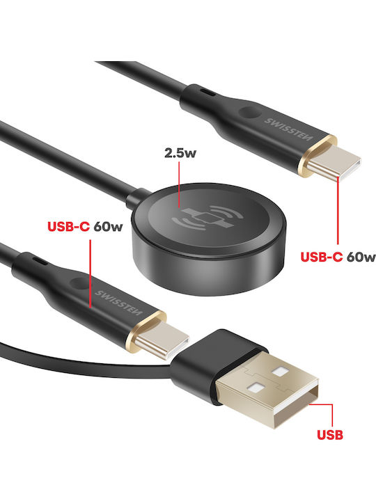 Swissten 2-in-1 Magnetic Usb-c 60w Charging Cable Galaxy Watch Smartphone Black