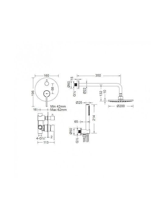Cora Built-in Mixer, Diverter, Hand Shower & Supply Set for Shower 2 Exits Silver