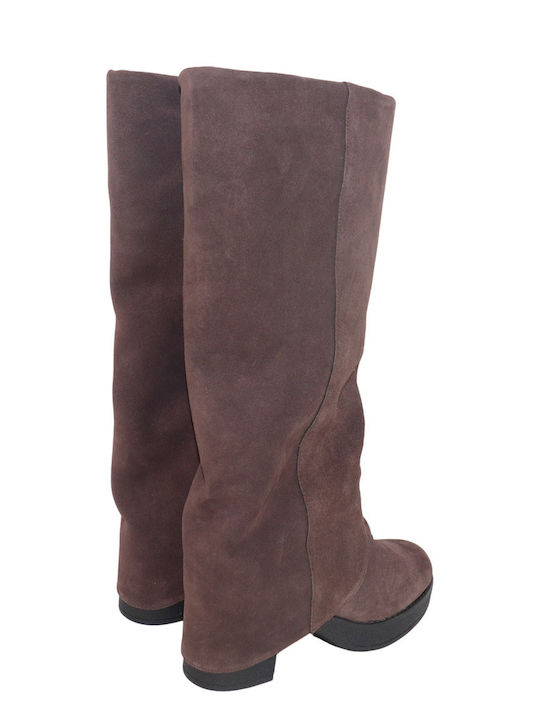 Leder Damenstiefel mit mittlerem Absatz Braun