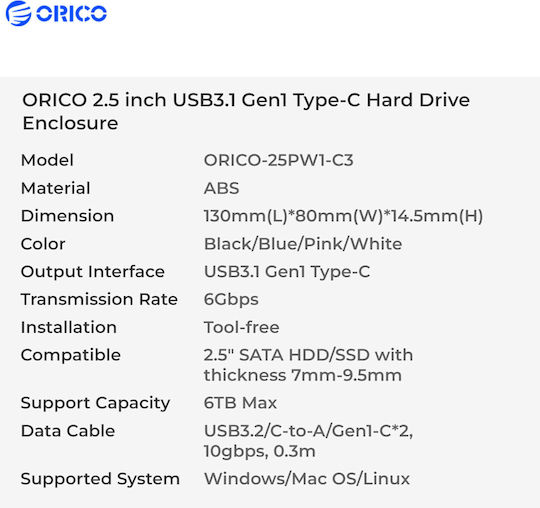 Orico 25pw1-c3-bk Кутия Usb3.2 2.5 Инча Usb Type-c Конектор 130x80x15mm Черен