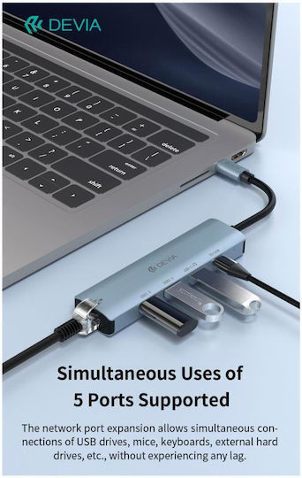 Devia Ec701 Хъб 4 порта с връзка USB-C / Ethernet Сив
