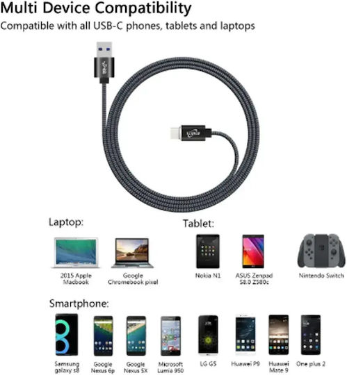 Data Fast Charging Кабел Izuku 219347700 1-134 Комплект 2 Бр USB Type-C към USB 3.0 Бързо Зареждане Нейлонов Плетен 1.2м
