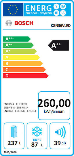 Bosch Ψυγειοκαταψύκτης 326lt Total NoFrost Υ186xΠ60xΒ66εκ. Metal Look KGN36VLED