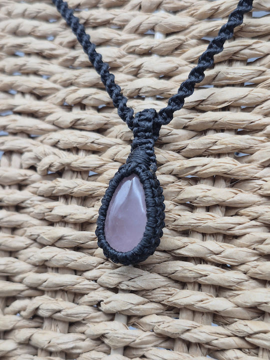 Macrame Necklace Pink Quartz Handmade Semi-Precious Stone Jewelry