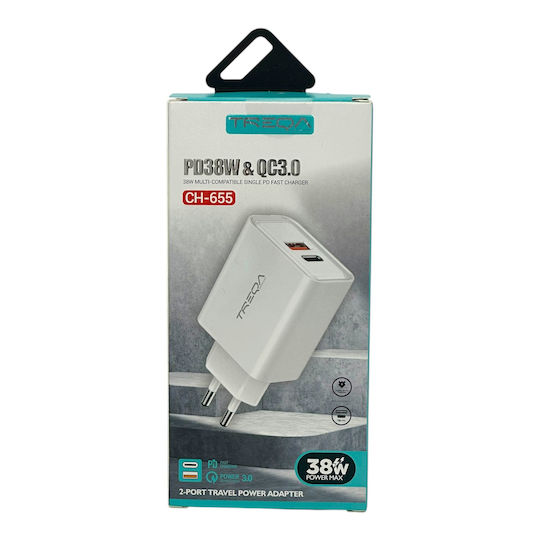 Treqa Ladegerät ohne Kabel mit USB-A Anschluss und USB-C Anschluss 20W Stromlieferung / Schnellaufladung 3.0 Weißs (CH-655)