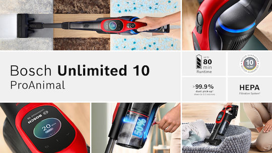 Bosch Unlimited 10 ProAnimal Прахосмукачка 2 в 1 Stick & Ръчна Червена