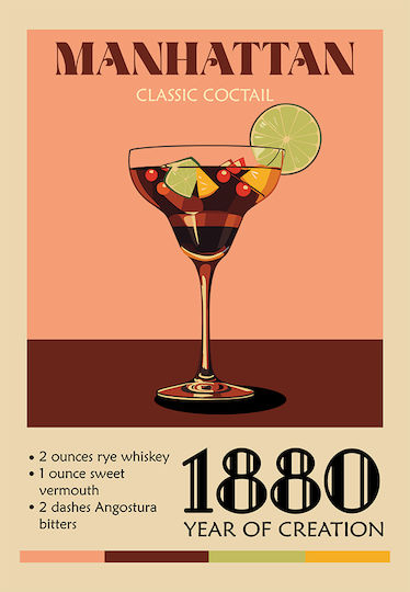 Poster Vintage Manhattan Classic Cocktail Pst25384 50cm X 70cm Frame Natural Wooden Beige