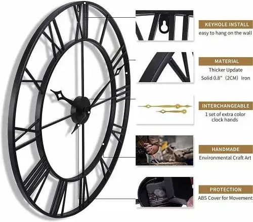 Αθόρυβο Αντικέ Ρολόι Τοίχου Μαύρο Ø40cm