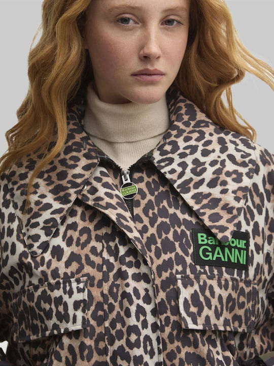 Ganni Women's Long Parka Jacket Waterproof for Winter with Hood Leopard Print