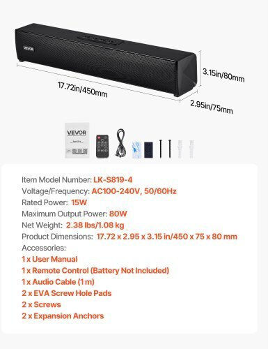 Vevor Soundbar 2 Bluetooth 80W with Remote Control YTSTXYX17INCJ9FDQ001V2