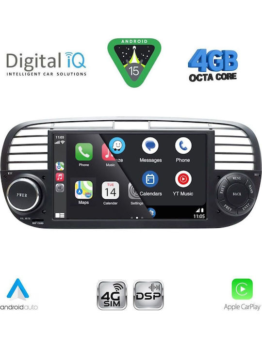 Digital IQ Car Audio System for Fiat 500 2007-2015 (Bluetooth/USB/WiFi/GPS/Apple-Carplay/Android-Auto) with Touch Screen 7"