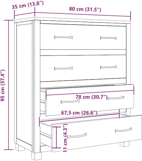 Wooden Chest of Drawers Coffee 80x35x95cm