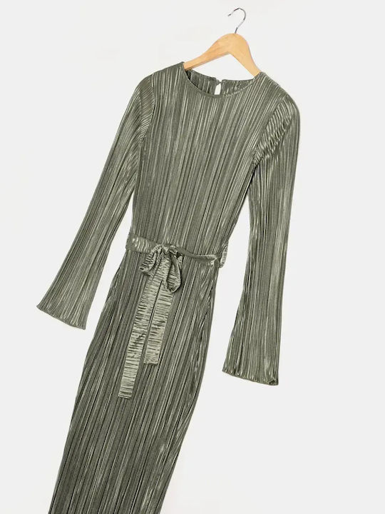 Rochie Plisată Midi Mânecă Lungă Cu Centură Kaki Mărimea S